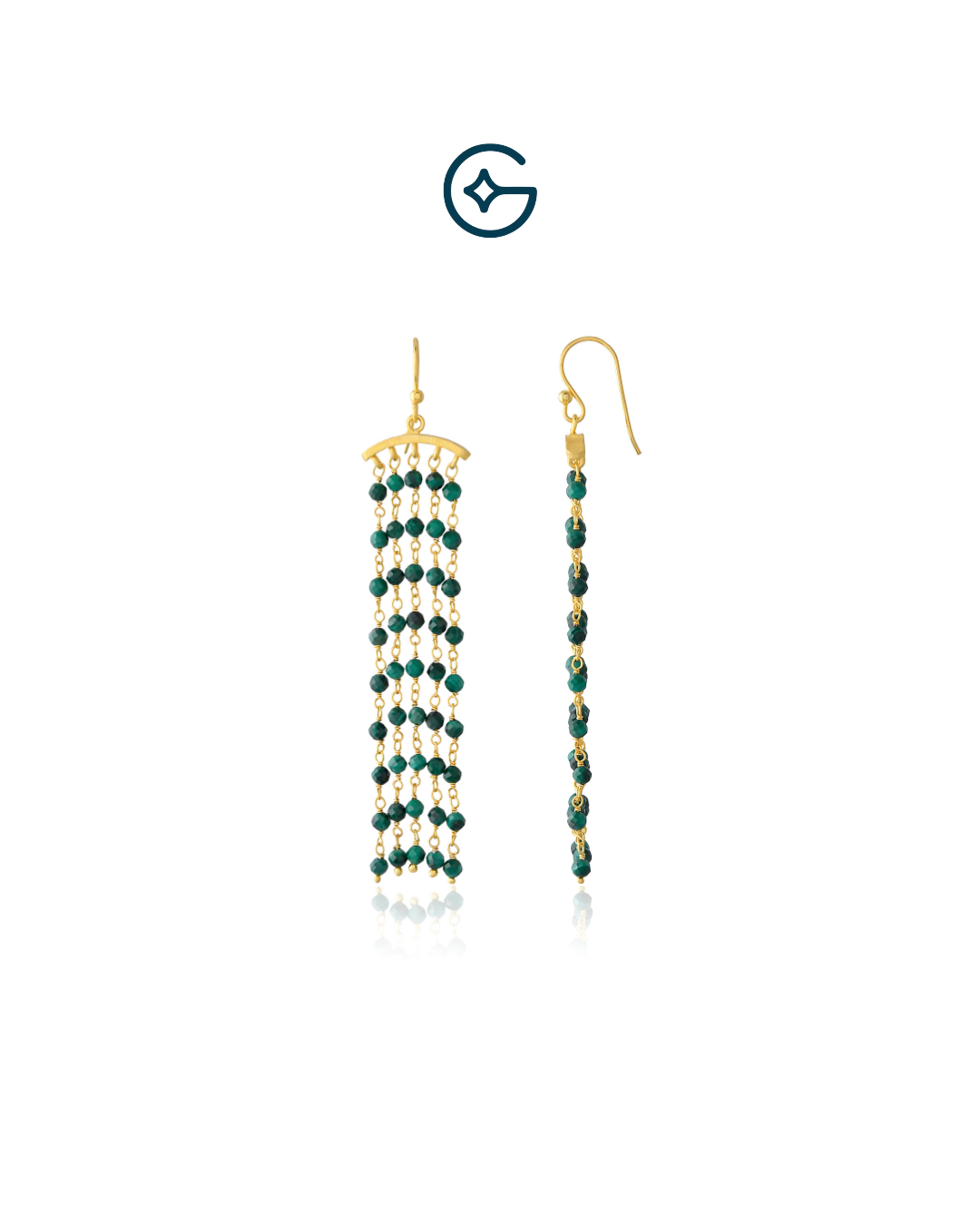 Natural Malachite Round Beads Waterfall Earrings In Silver