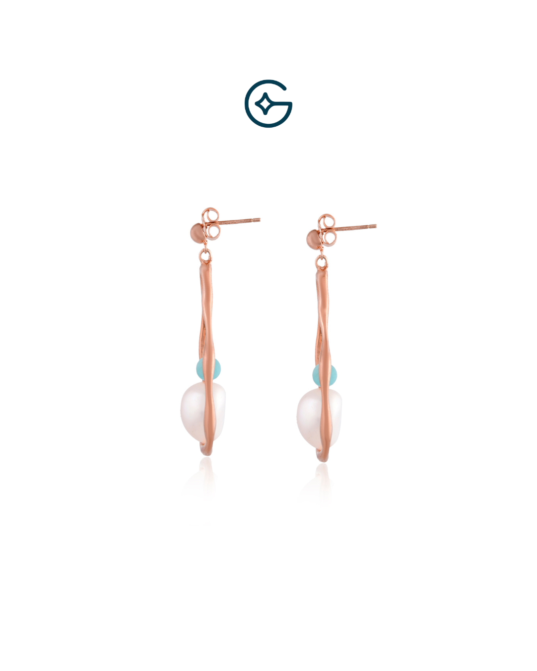 Round Turquoise And Natural Pearl Rose Gold Plated Long Earrings In Silver