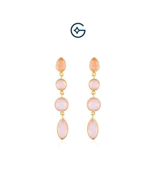 Natural Rose Quartz Droplets Earring In Silver