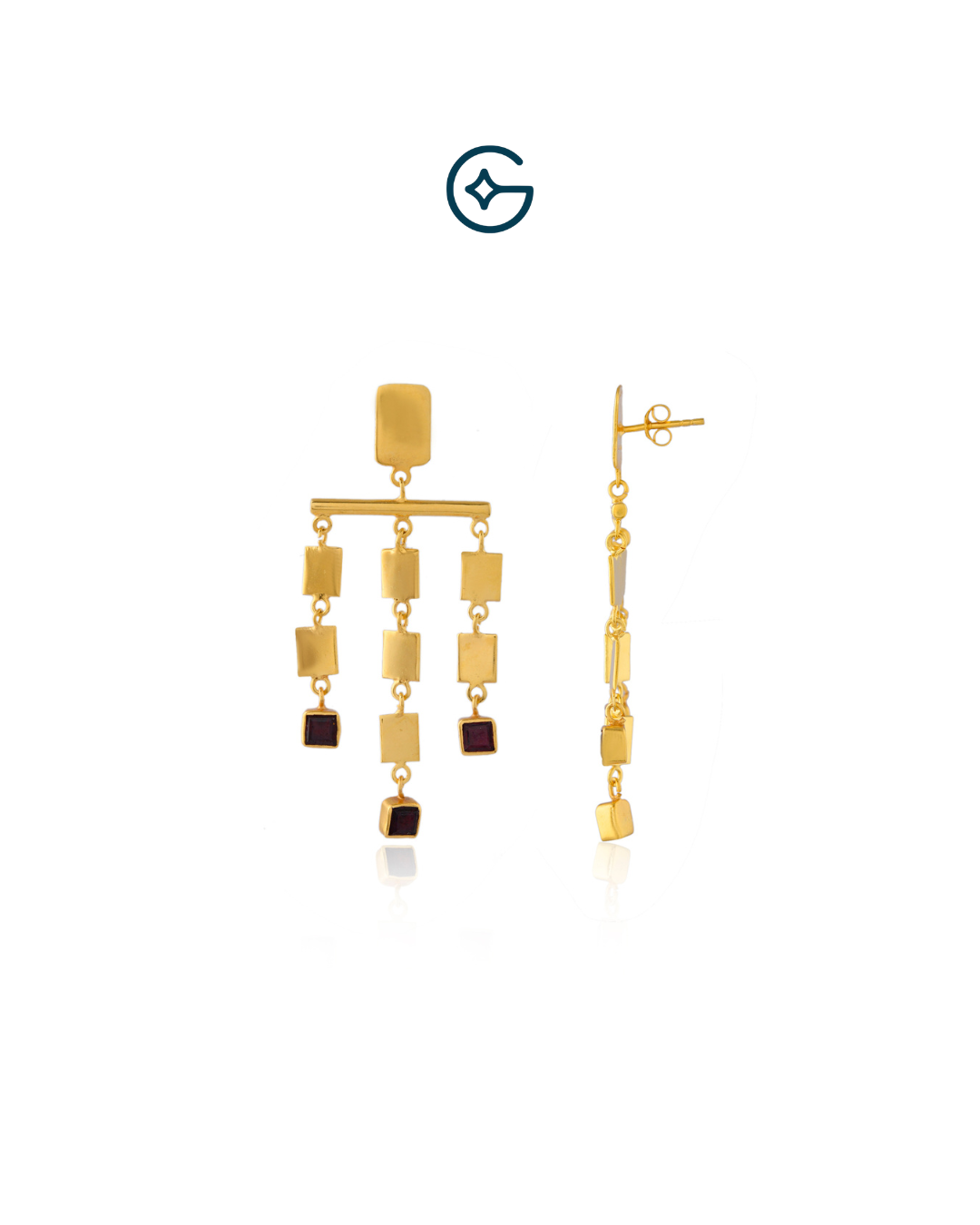 Square Garnet Geometric Dangle Earrings In Silver
