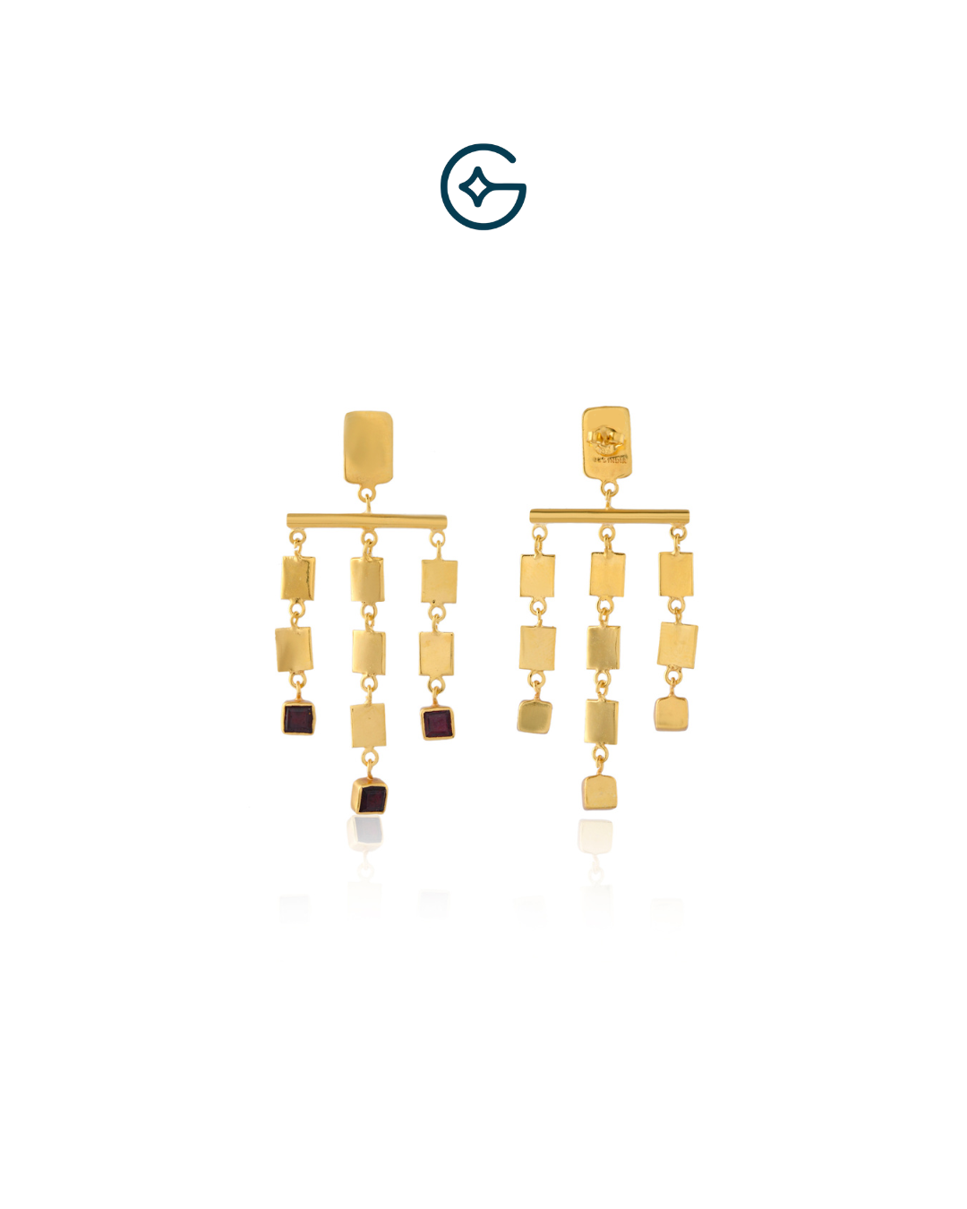 Square Garnet Geometric Dangle Earrings In Silver