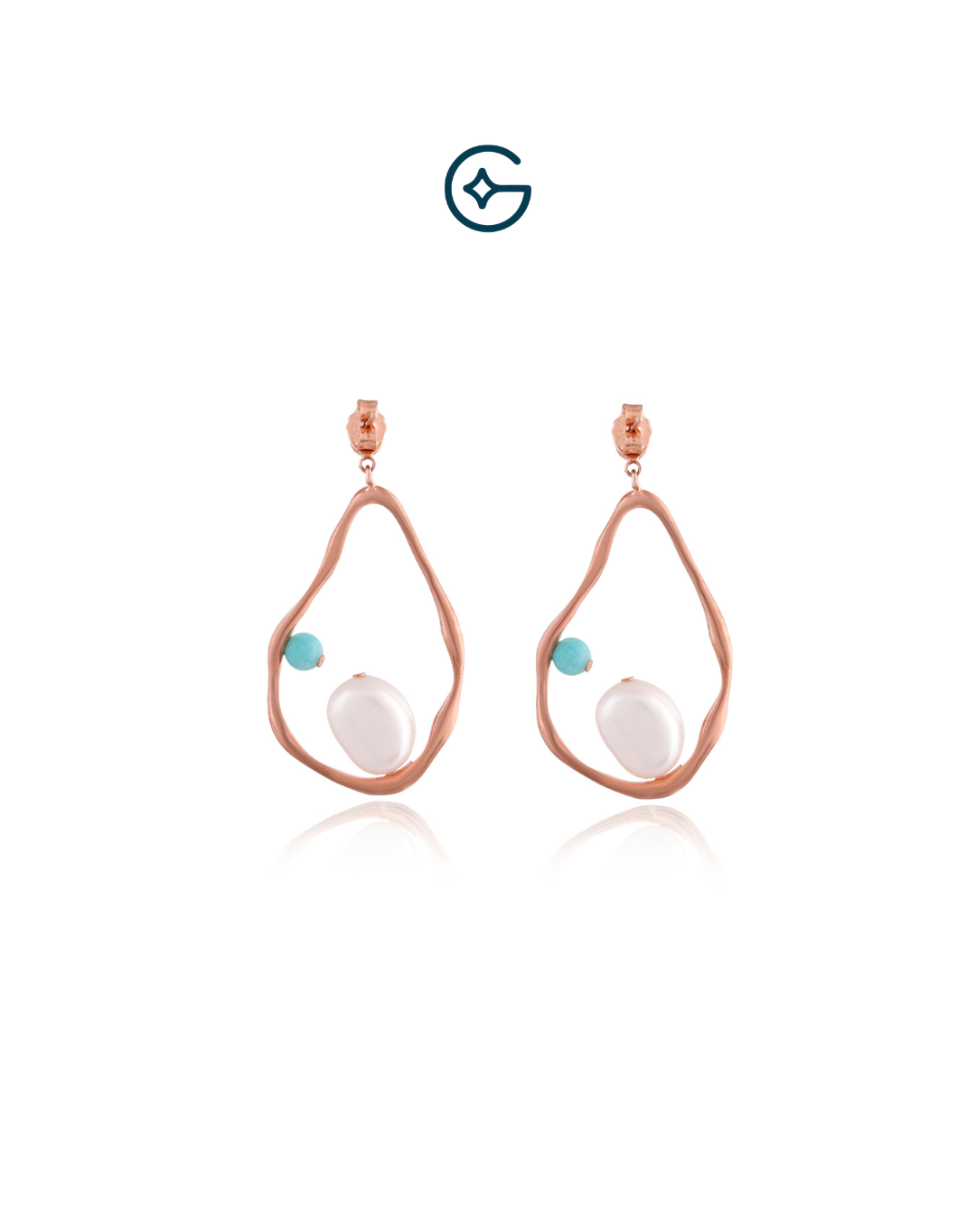 Round Turquoise And Natural Pearl Rose Gold Plated Long Earrings In Silver