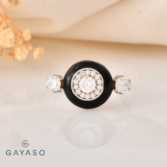 Three Stone Black Enamel Exquisite Ring