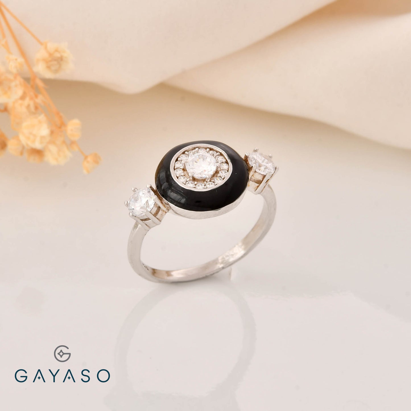 Three Stone Black Enamel Exquisite Ring