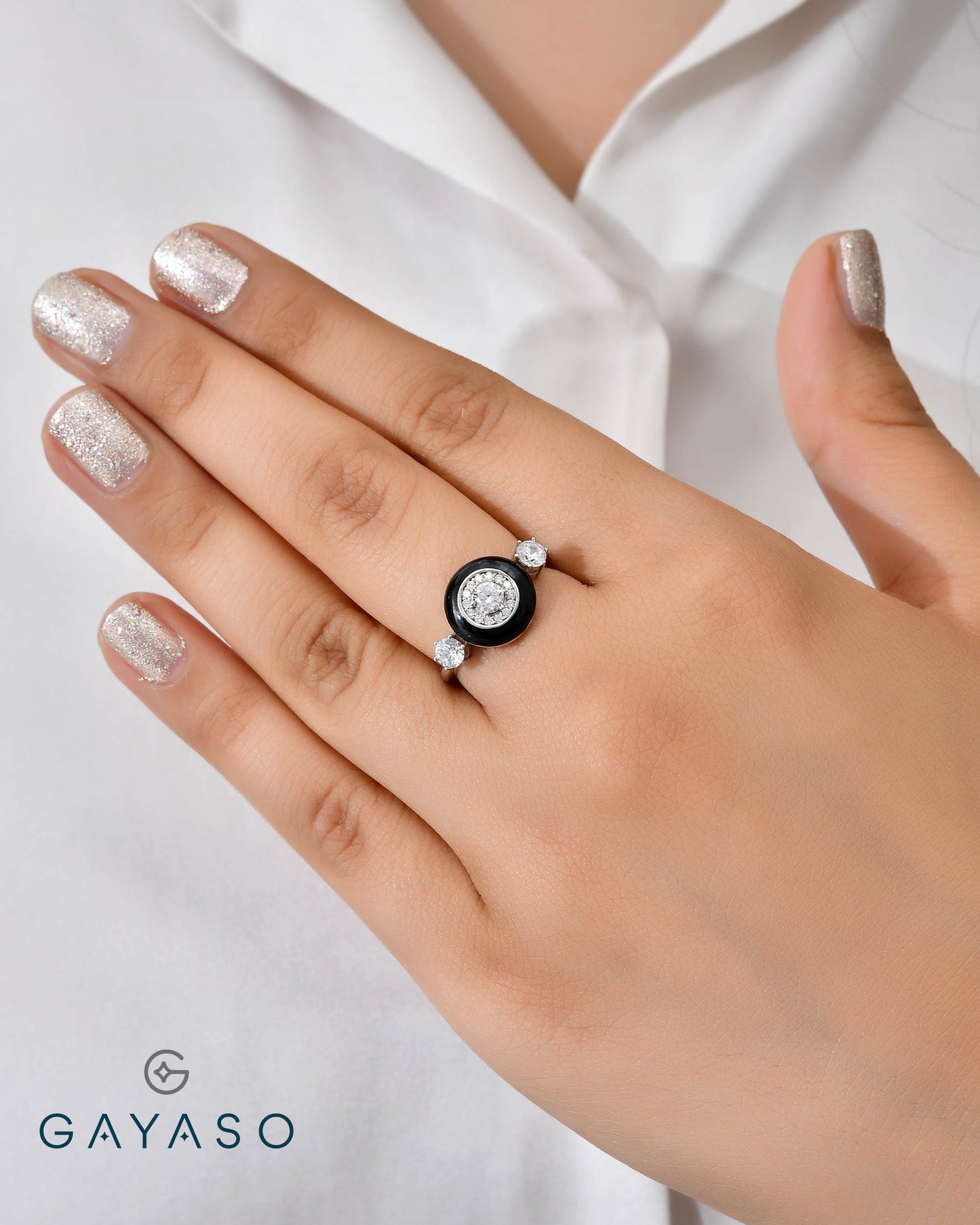 Three Stone Black Enamel Exquisite Ring