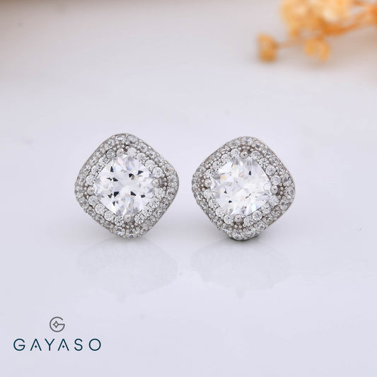Premium Cushion CZ Solitaire Earrings In Silver