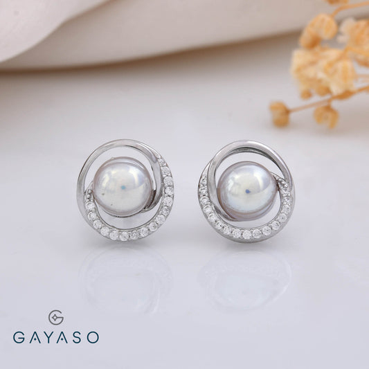 Grey Pearl With Twisted Halo Stud Earrings