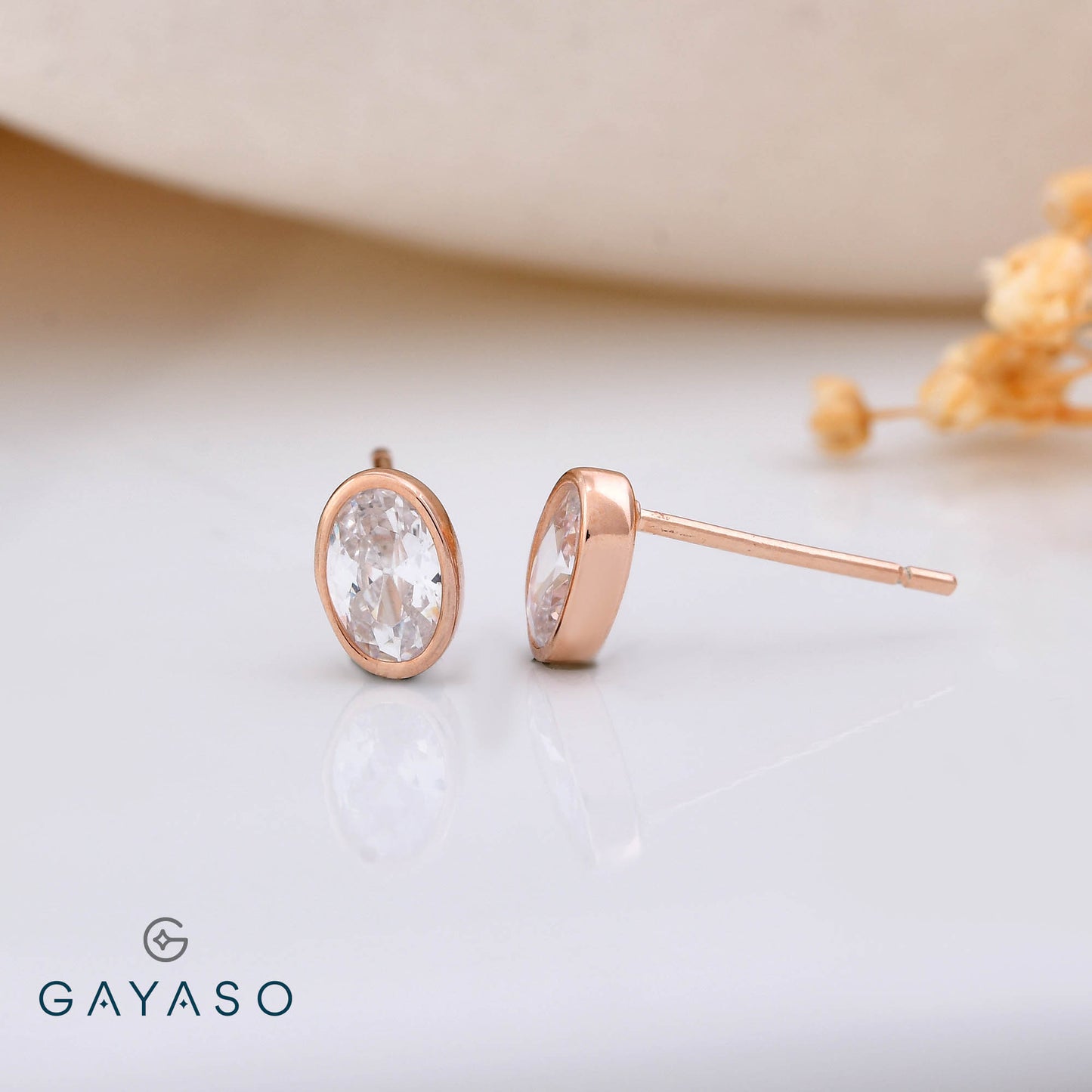 Oval solitare Rose Gold Plating Studs In Silver