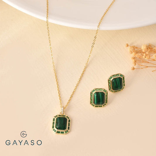 Malachite Emerald Cut Pendant Set For Her