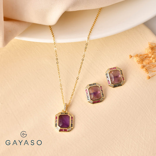 Purple Emerald Cut Pendant Set For Her