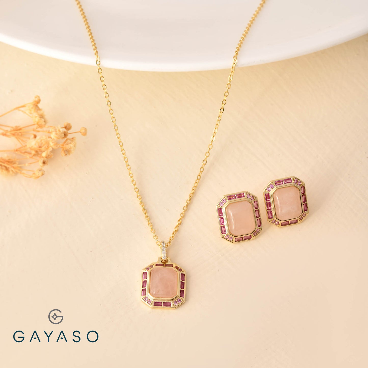 Pink Emerald Cut Pendant Set For Her